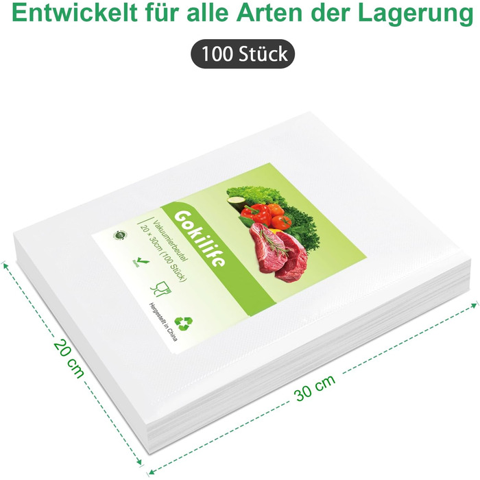 Вакуумний пакувальник Gokilife - 100 пакетів 20x30 см зі стійкістю до розриву приблизно 450 мкм, вакуумна плівка для всіх вакуумних пакувальників і вакууматорів харчових продуктів, професійні пакети з фольги без BPA, кип'яткостійкі та пакети для заморожув