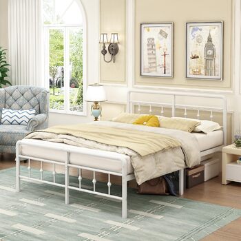 Металеве ліжко EMODA 140 x 200 см з узголів&39ям та узніжжям, каркас ліжка заввишки 46 см, міцний каркас ліжка, легке складання, безшумне, біле DE 140 x 200 см Біле