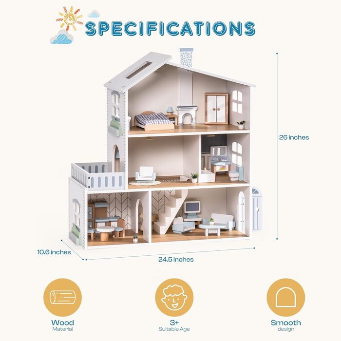 Дерев&39яний ляльковий будиночок ROBUD з підсвічуванням, 3 поверхи, включає меблі та сходи, іграшка для дітей від 3 років
