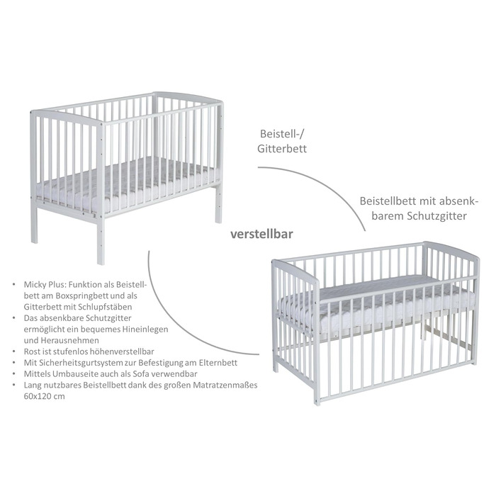 Дитяче ліжечко Micky Plus - Біле - 60120 см - Плавне регулювання висоти 3-в-1 - вкл. боковини та систему ременів безпеки - Ідеально підходить для ліжок Box Spring 124Д x 65Ш x 97В см Box Spring - Біле лаковане одномісне ліжко