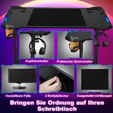 Ігровий стіл зі світлодіодним підсвічуванням, ігровий стіл 140 x 60 см, ігровий стіл для ПК з вуглецевим волокном, ігровий стіл зі світлодіодною Z-подібною рамкою, комп&39ютерний стіл для геймерів з гачком для навушників та тримачем для напоїв