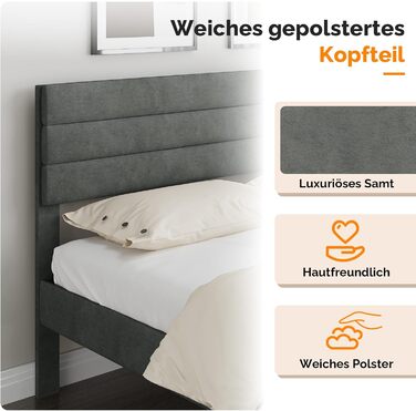 Ліжко Bonnlo з м&39якою оббивкою 140x200 см з регульованим узголів&39ям, ліжко 140x200 з дерев&39яною рейковою основою, оксамит (без матраца) 140x200 см світло-сірий