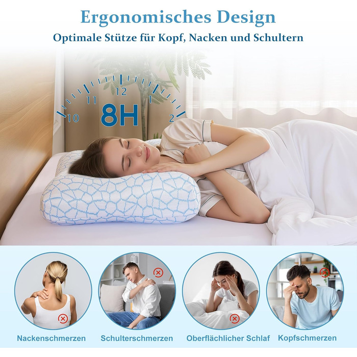 Ергономічна подушка Caviar Blue з піни з ефектом пам&39яті, 60x40 см, холодна на дотик, з різницею висоти 12/8 см, підтримка шиї для сну на спині та на боці, не волога, гарне відновлення, чохол, який можна прати, синій, 40 x 60 см