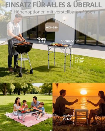 Складаний стіл для пікніка HOMGEN 58x40 см, регульована висота у 3 напрямках, розкладний стіл, стіл для пікніка, балкон, стіл для барбекю, садовий стіл, кемпінговий стіл, легкий та портативний для активного відпочинку, балкону, саду - чорний
