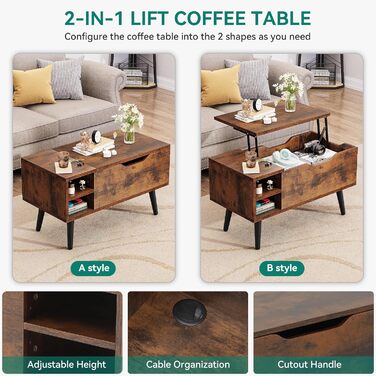 Журнальний столик YITAHOME з підйомною стільницею та прихованим відділенням, регульована полиця, пружинний підйомник, журнальний столик із місцем для зберігання для вітальні, 80 x 40 x 61,5 см, вінтажний коричневий