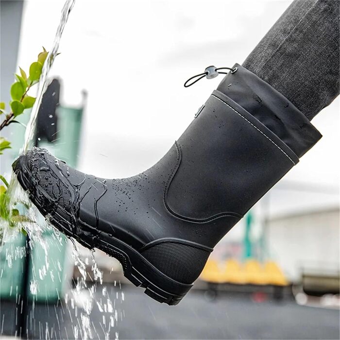Чоловічі високі гумові чоботи, до середини литки, модні, нековзні, для використання на свіжому повітрі. Легкі та водонепроникні. Чорні, розмір EU 37