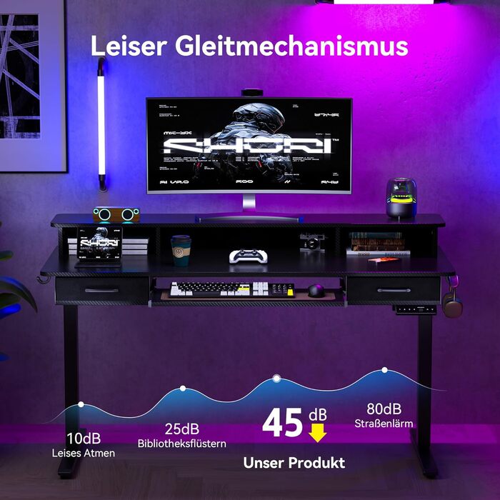 Електричний стіл з регульованою висотою та підставкою для клавіатури, 140x60 см, з 2 шухлядами, комп&39ютерний стіл з підставкою для монітора для домашнього офісу, чорний, 140 x 60 см з підставкою для клавіатури