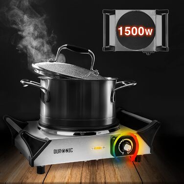 Гаряча плита Duronic HP1 SS електрична одинарна конфорка Плита Варильна поверхня з нержавіючої сталі нержавіюча сталь плавно регульована температура Ручки для перенесення 1500 Вт Кемпінг