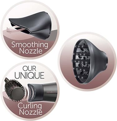 Фен для волосся Remington Curl-Straight з іонізацією (2200 Вт, 3 насадки конічна, для локонів та дифузор, кругла щітка 45 мм, затискачі, 3 рівні температури та 2 рівні обдуву) D5707, чорний
