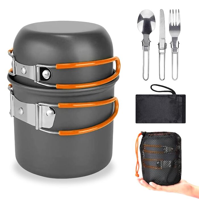 Набір посуду для кемпінгу, портативний, ультралегкий. Складаний посуд каструля, сковорода для туризму, походів та пікніків. Великий об'єм, помаранчевий колір.