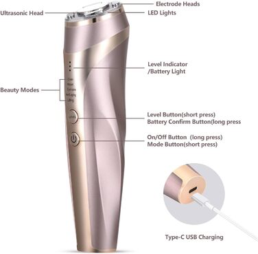 Радіочастотний та ультразвуковий пристрій для обличчя, 5 в 1 масажер для обличчя для видалення зморшок RF EMS світлотерапія, для підтяжки обличчя масаж проти зморшок проти старіння, перезаряджається від USB