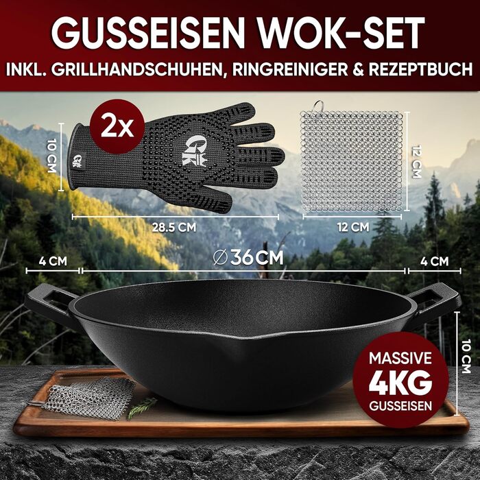 Чавунна сковорода вок Gussknig - 36 см міцна сковорода вок для газового гриля, плити, духовки та багаття - чавунна сковорода вок в