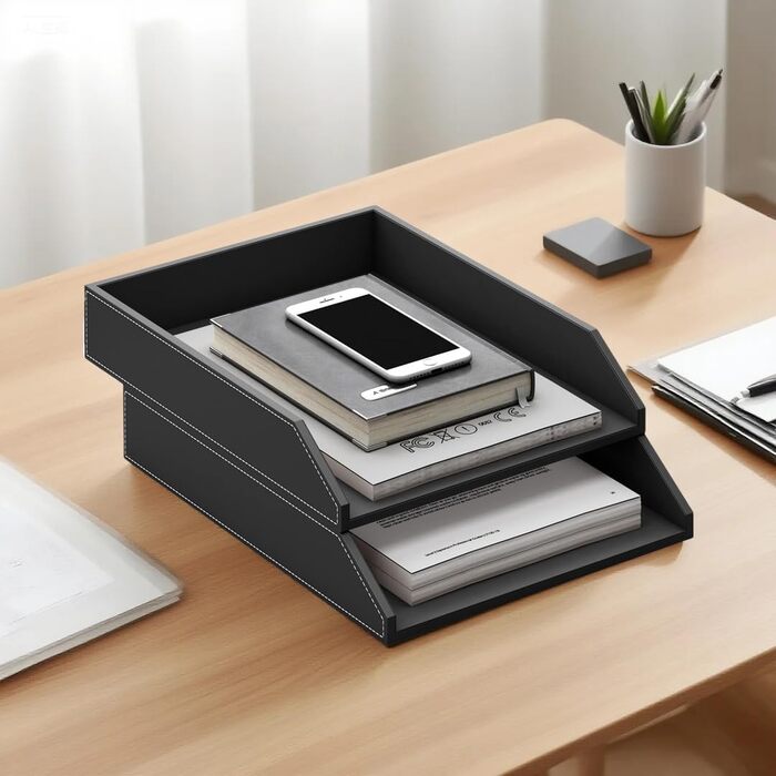 Штабелювані шкіряні лотки для документів, штабелювані лотки для листів формату А4, комплект з 2 шт. , для офісу, дому та школи, чорні.