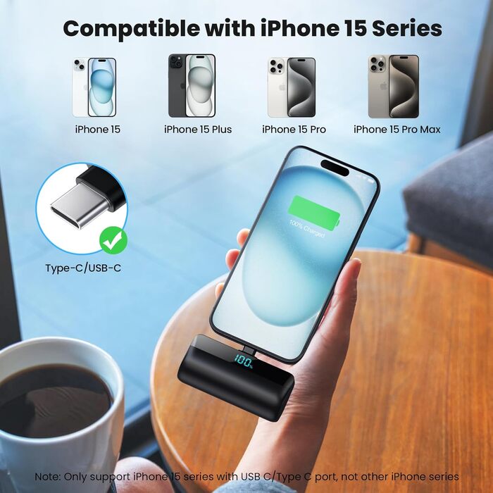 Для iPhone 16/15 серії, PD Fast Charging Power Bank USB C Зовнішній акумулятор з РК-дисплеєм, сумісний з iPhone 16/15 Plus Pro Max, Samsung S24, USB C телефонами Android тощо., 5200mAh