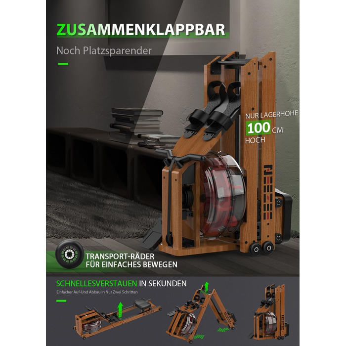 Водний гребний тренажер Neezee для домашнього використання, складний гребний тренажер з масиву дерева з Bluetooth-дисплеєм та тримачем для планшета, максимальна вантажопідйомність 200 кг, сумісний із застосунком Kinomap Braun (з Bluetooth)