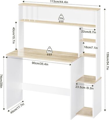 Письмовий стіл eSituro, комп&39ютерний стіл з 5 полицями, офісний стіл під біле дерево, ігровий стіл з місцем для зберігання, ПК-стіл для домашнього офісу, офісу, вітальні, 113,5x139x45 см білий дуб