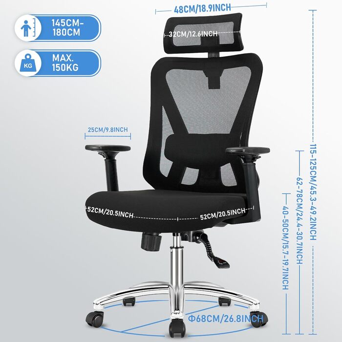 Ергономічне офісне крісло, стілець для роботи з підголівником, поперековою опорою, підлокітниками, регулюванням висоти, обертове крісло з функцією нахилу 90-130 (з фіксацією), вантажопідйомність до 150 кг.