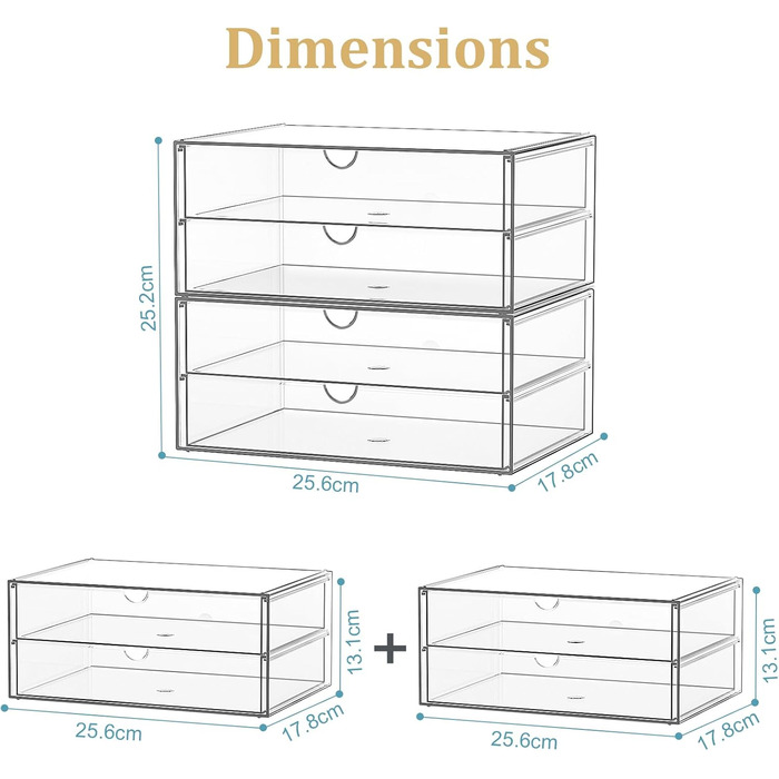 Великий косметичний органайзер з 4 широкими шухлядами акриловий органайзер, 2 шухляди, з протиковзкими накладками Штабелювана шухляда для туалетного столика, спальні, ванної кімнати, 4 шухляди - широкі - 2 шухляди