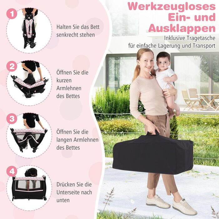 Дорожнє ліжечко COSTWAY 5 в 1 з матрацом, складне приліжкове ліжечко з регульованим балдахіном, дитяче ліжечко з пеленальний килимок, музичний мобіль та сумка для перенесення, дитяче дорожнє ліжечко до 15 кг (рожеві квіти)