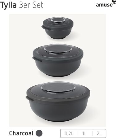Набір з 3 мисок Amuse Tylla (200 мл, 1000 мл, 2000 мл) Герметичні контейнери для зберігання їжі з кришками для приготування їжі Контейнери для зберігання їжі без бісфенолу А для дітей та дорослих, можна мити в посудомийній машині Набір з 3 вугільних чашок