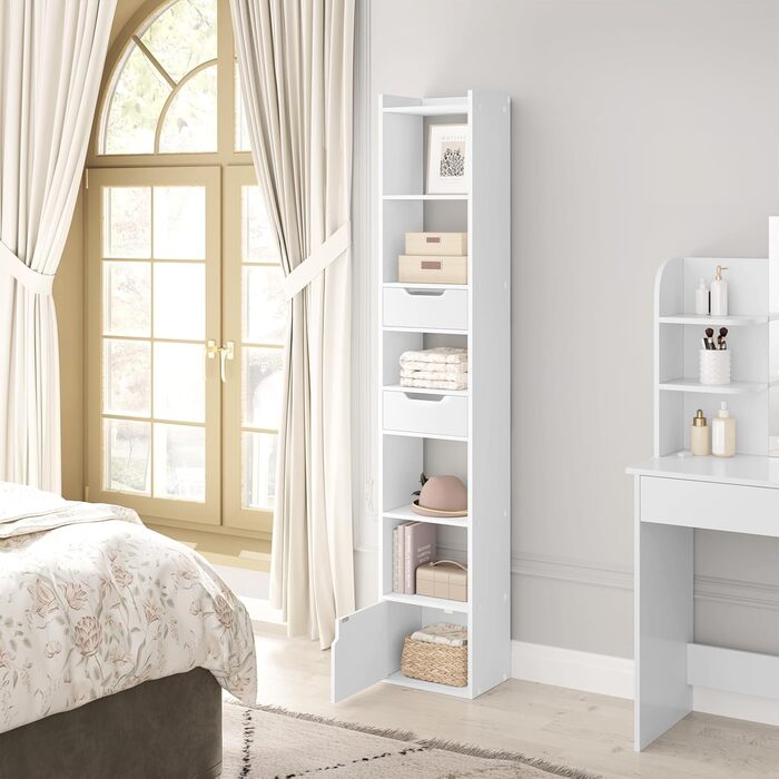 Книжкова полиця WOLTU, книжкова шафа, полиця для зберігання, офісна полиця, з 6 полицями, 2 шухлядами, 1 дверцятами, виготовлена з інженерної деревини, для вітальні, спальні, офісу, біла, SK042ws