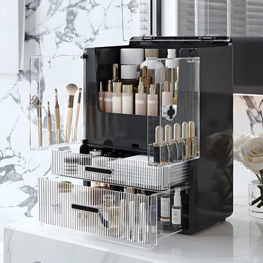 Органайзер для макіяжу, косметичне зберігання з кришками, пилонепроникний косметичний органайзер для макіяжу, косметична скринька високої місткості для спальні, ванної кімнати, чорний 1 1