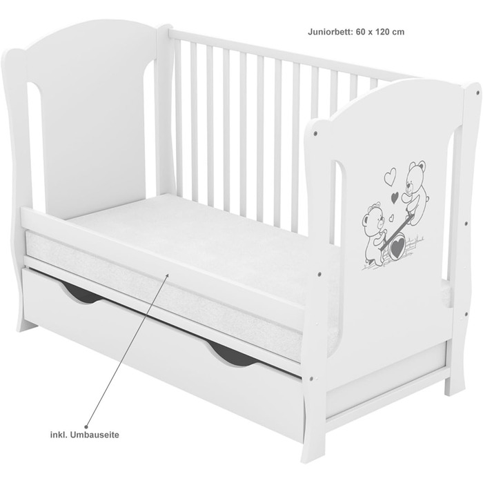 Дитяче ліжко Generic Baby Deluxe 60x120, що трансформується в дитяче ліжко білого кольору з шухлядою та матрацом з алое вера з регульованою висотою та знімними прутами (Lia White)