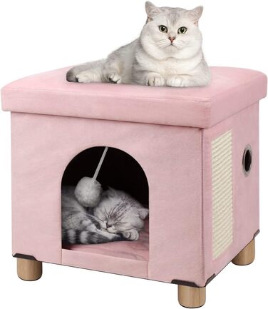 Складана котяча печера BRIAN & DANY для великих котів, котячий будиночок-пещера для котів з дряпалькою та ігровим м&39ячиком, скринька-підніжка з дерев&39яними ніжками 37,5 x 32,5 x 36 см, рожевий