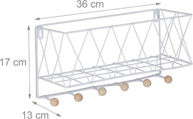 Настінна полиця Relaxdays з рейкою для гачків, метал та дерево, решітка, настінна вішалка для одягу 6 гачків, ВхШхГ 17 x 36 x 13 с