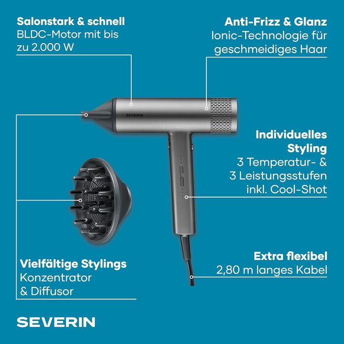 Фен для волосся Severin S-Style Speed Pro з іонізацією, BLDC-мотором та дифузором і концентратором, 2000 Вт, антрацит, HT 0171