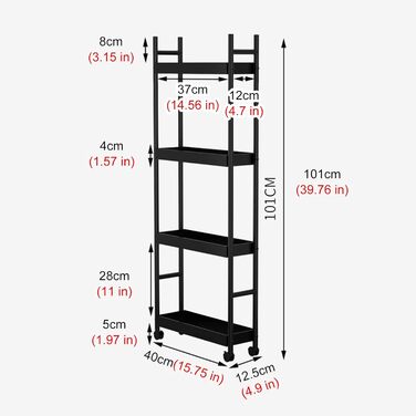 Тонкий кухонний візок для зберігання для невеликих приміщень, металева висувна полиця для органайзера для ванної кімнати з коліщатками, вузька полиця для ванної кімнати шириною 12,5 см (колір Onecolor , Розмір 4-краватковий 4-х ярусний Onecolor