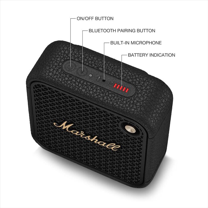 Бездротова Bluetooth-колонка Marshall Willen II, понад 17 годин без підзарядки, водонепроникна за стандартом IP67 - чорний і латун