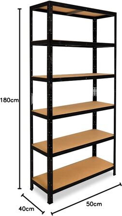 ЧОРНИЙ Міцний стелаж, чорний/металевий стелаж, 6 полиць вантажопідйомністю 145 кг кожна/Стелаж для зберігання, чорний, підвальний стелаж, побутовий стелаж, чорний/металевий стелаж, чорний, металевий, стоячий, В 180см / Ш 50см / Г 40см, 180x50x40