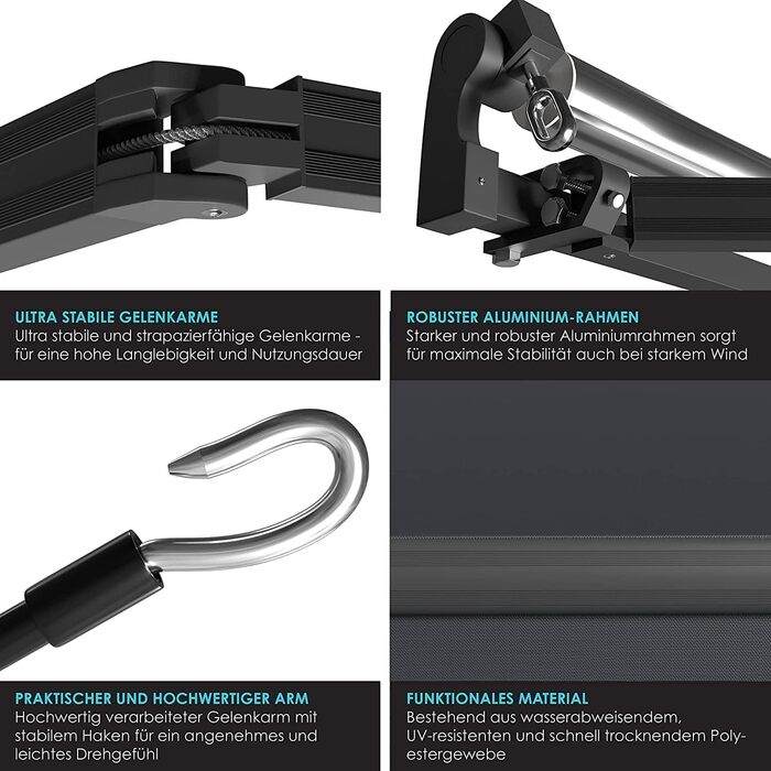 Складаний тент KESSER 300 x 250 см Затискач для тенту для патіо Сонцезахисний тент з настінним кронштейном Сонцезахисний балконний тент Водовідштовхувальний алюміній/поліестер, антрацит 300 x 250 см Антрацит