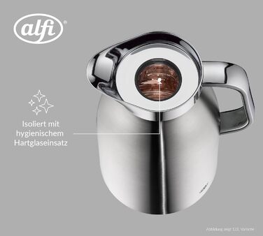 Термос alfi SKYLINE 1,5 л, матова нержавіюча сталь, з гігієнічним загартованим скляним вкладишем, кришка з поворотним замком та зручною кнопкою, ергономічна ручка, керування однією рукою, ідеально підходить як кавник