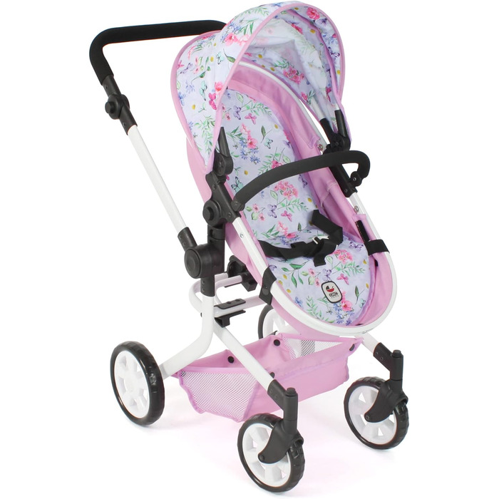 Лялькова коляска Mika, комбінована лялькова коляска 2в1 для дітей від 4 до 8 років, коляска для ляльок до 52 см, Квіти, рожева, 20