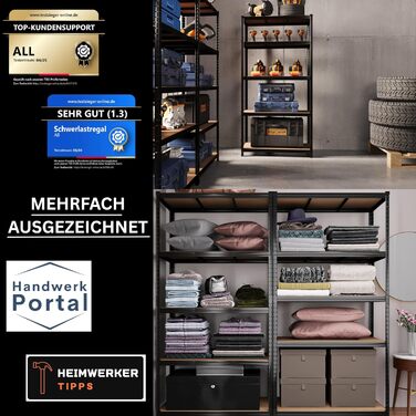 Високий міцний стелаж ALL Premium 180x90x40 см - Комплект з 2 шт. , Чорний, Вантажопідйомність 1250 кг, Міцний металевий стелаж для підвалу, Стелажі для зберігання та комори, Ідеальні стелажі для підвалів, підвалів та комор, 2 x 180x90x40 см, Чорний