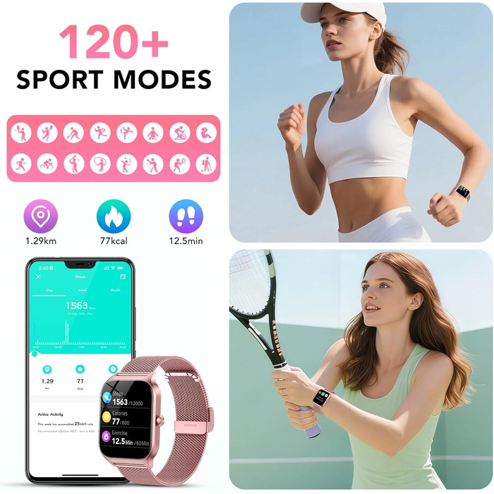 Жіночий смарт-годинник CASCHO з функцією телефону, 1,85-дюймовий смарт-годинник, фітнес-годинник із 120 спортивними режимами, пульсометром/SpO2/крокоміром/монітором сну, водонепроникний фітнес-трекер IP68 для iOS та Android, рожеве золото