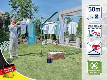 Ротаційна сушильна машина Leifheit Linomatic 500 Deluxe Cover з втягуванням шнура для чистої білизни, парасолька для прання для вс