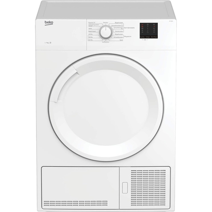 Конденсаторний осушувач Beko DC 7130 N b100 на 7 кг, з електронним вимірювання вологості, автоматичним захист від зминання, ніжним барабаном AquaWave, 15 програм