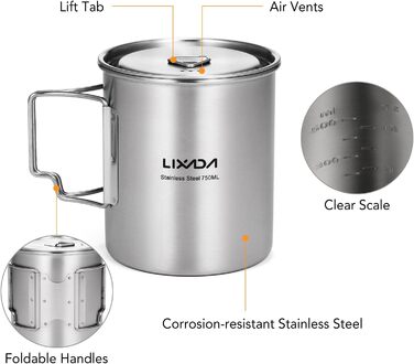 Кемпінговий горщик Lixada з нержавіючої сталі, чашка 750 мл зі складними ручками та кришкою, відкритий горщик для кемпінгу, походів, приготування їжі на пікніку, срібний - Кемпінговий горщик