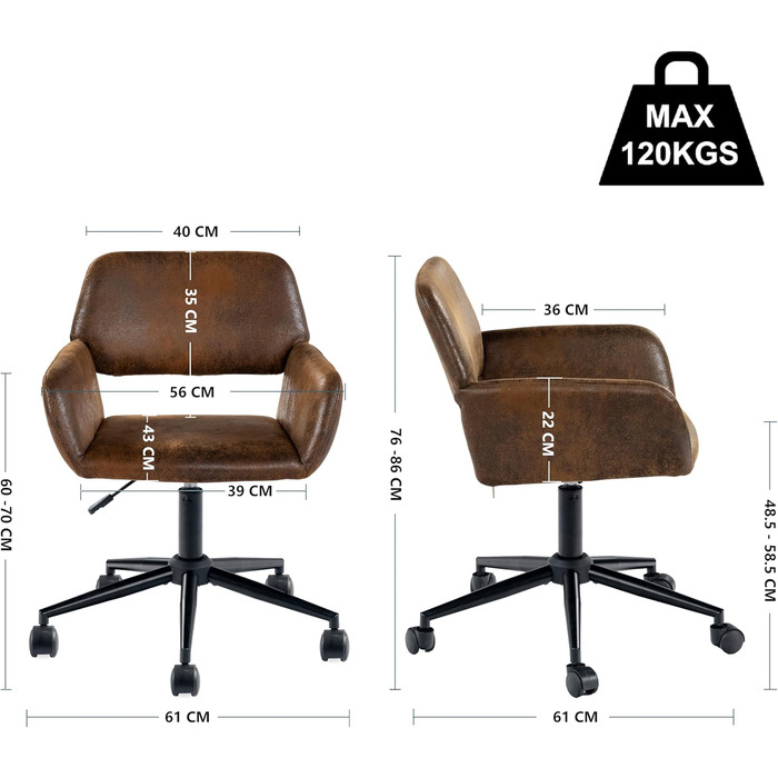 Вінтажне офісне крісло з підлокітниками, поворотне на 360, регульована висота 4555 см, під коричневу шкіру, з колесами для домашнього офісу