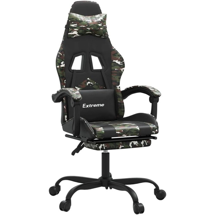 Геймерське крісло з підставкою для ніг, обертове, чорний камуфляж, штучна шкіра, регульована спинка, висота, функція повороту на 360 градусів, ергономічне, зручне, міцний матеріал, USB-порт, 36,5 x 42 см (Ш x Г), зелений колір