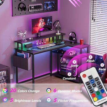 Кутовий ігровий стіл зі світлодіодним освітленням та довгою підставкою для монітора, L-подібний стіл із портом зарядки USB, розеткою та боковими кишенями, кутовий комп&39ютерний стіл для домашнього офісу, вуглецеве волокно