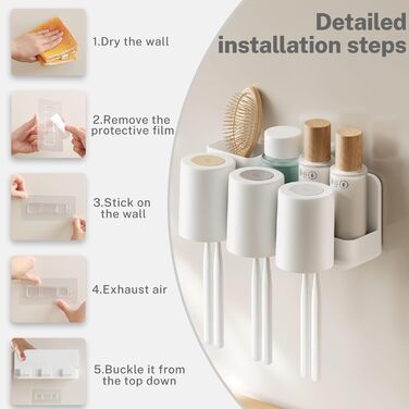 Тримач зубної щітки електрична зубна щітка, підставка чашки для зубної щітки без свердління, самоклеюча настінна підставка для зубної щітки з 3 чашками для зубних щіток, для різних зубних щіток, зубних паст і гребінців