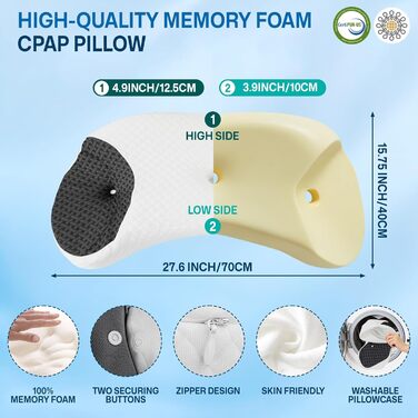 Подушка CPAP для сну на боці та спині зменшує витік повітря та тиск маски, преміальна подушка з піни з памяттю форми для всіх масок CPAP, подушка для шиї для сну на боці, спині та животі, чорна