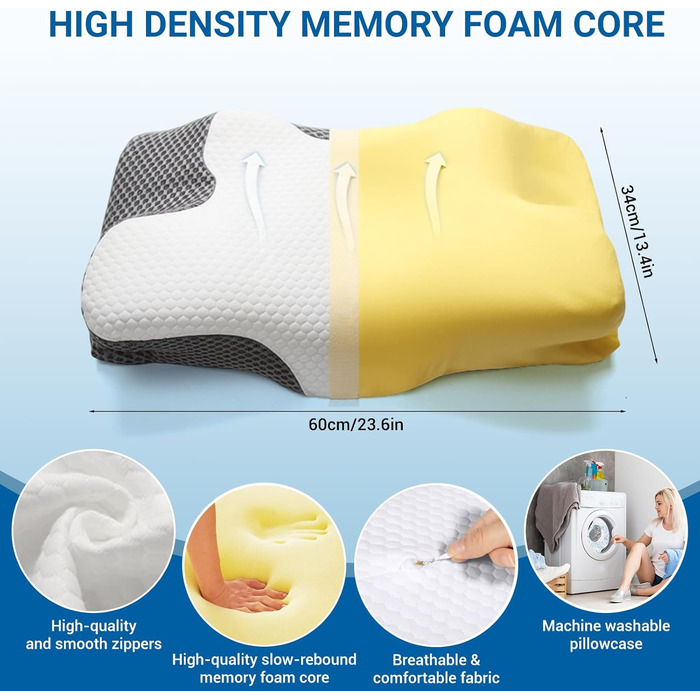 Подушка для шиї, подушка з піни з ефектом пам&39яті, ергономічна подушка, ортопедична подушка. Підходить для сну на боці, спині та животі. Полегшує біль у плечах та забезпечує полегшення. 60 * 34 * 13/10 см