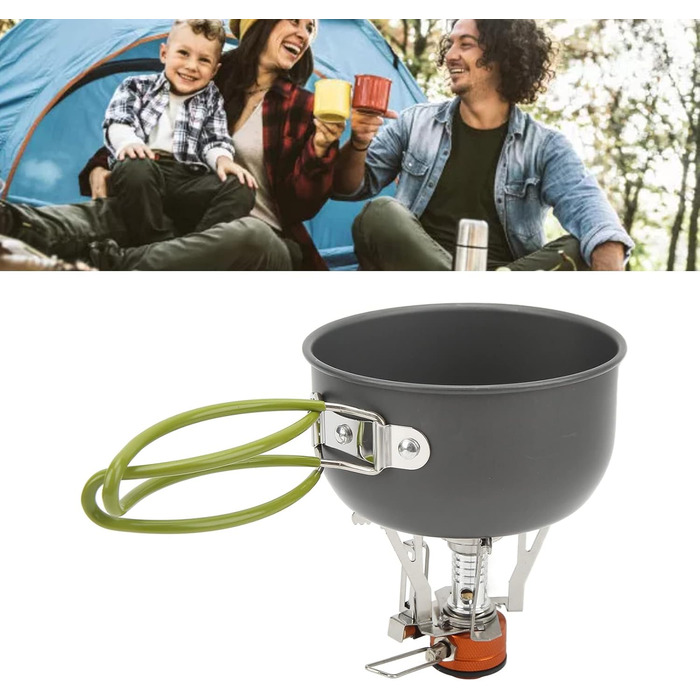 Набір для приготування їжі на кемпінгу, портативний набір посуду для кемпінгу з високоефективною плитою потужністю 3000 Вт, каструлі з харчового алюмінію для походів, піших прогулянок та приготування їжі на свіжому повітрі, зелена ручка