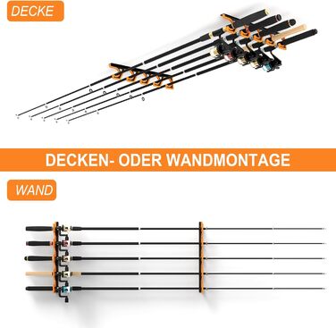 Тримачі для вудок tonhui, горизонтальні, настінні та стельові, з 2 кріпленнями, гараж для вудок з м&39яким PU-захистом, підставка для 10 вудок, стійке до подряпин зберігання вудок (чорний/жовтий)