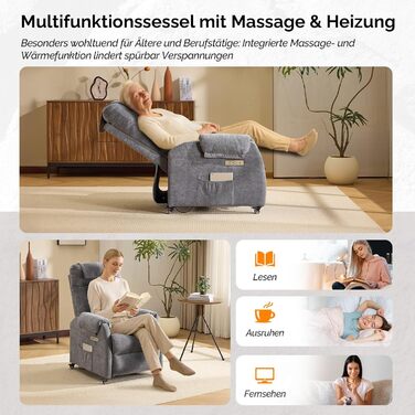 Крісло Bonnlo Recliner, електричне масажне крісло з функцією відкидання, крісло для телевізора, 2-точковий масаж та функція підігріву, порти USB-C та USB-A, 1 бічна кишеня (тканина шеніл, темно-сірий)